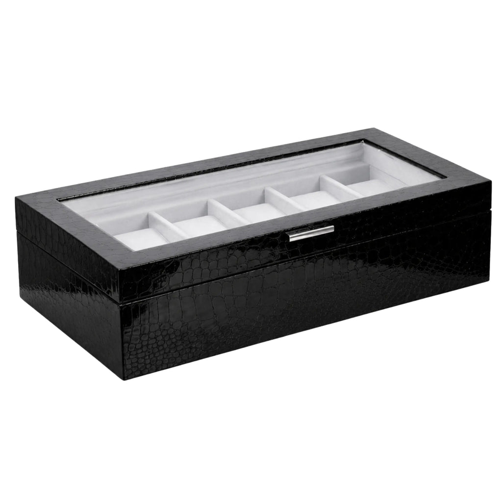 Black crocodile-patterned jewelry box with white interior 