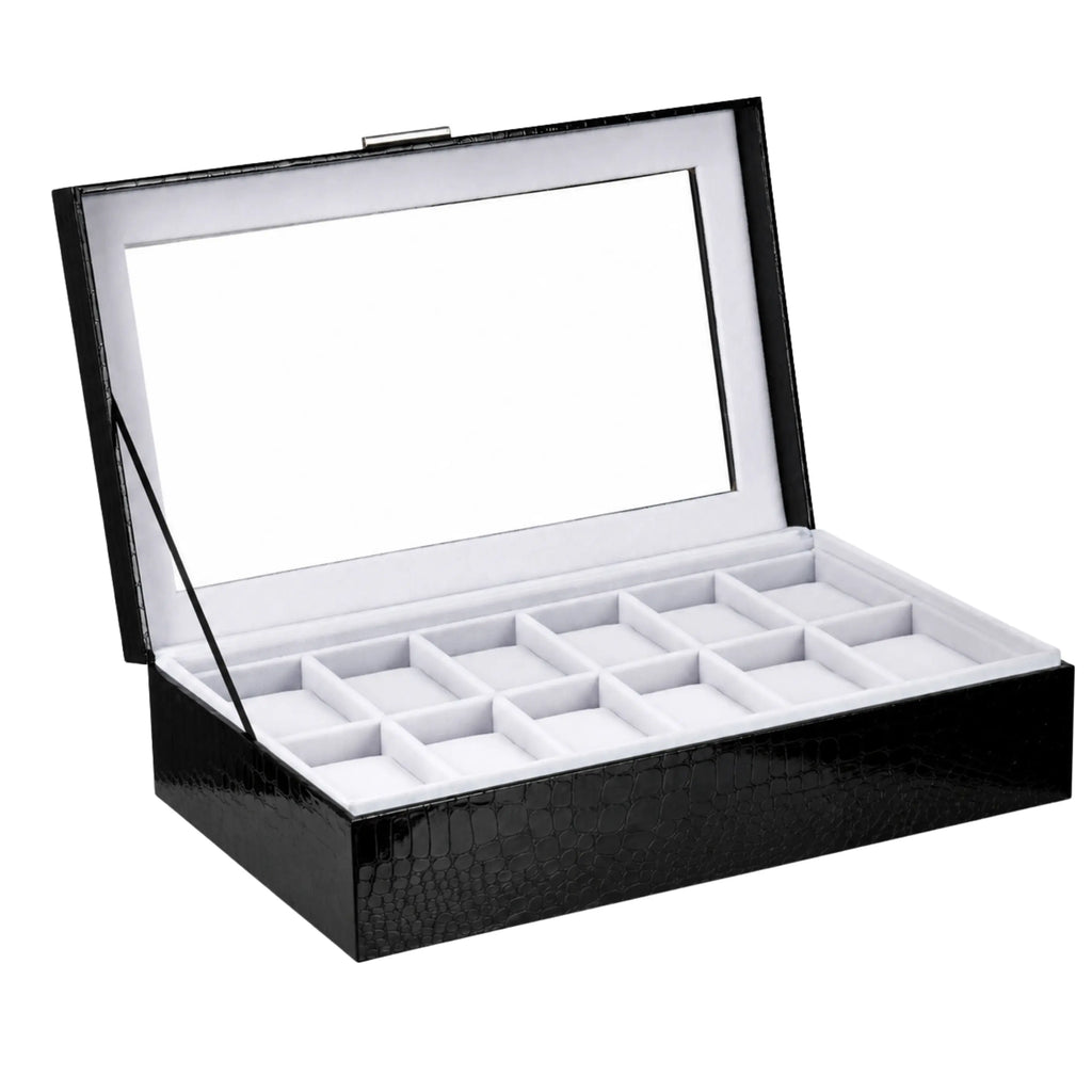 Black jewelry box with glass lid and white interior