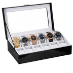 Black watch display case with six watches inside 