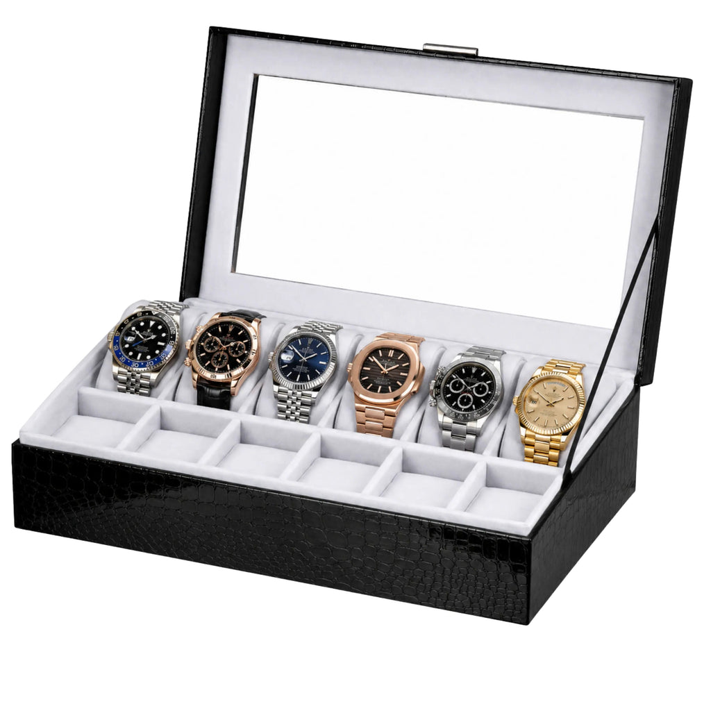 Black watch display case with six watches inside
