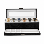 Black watch box with six slots for watches on a white background