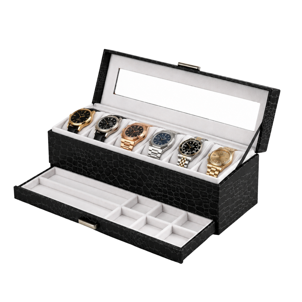 Black watch box with six slots for watches on a white background