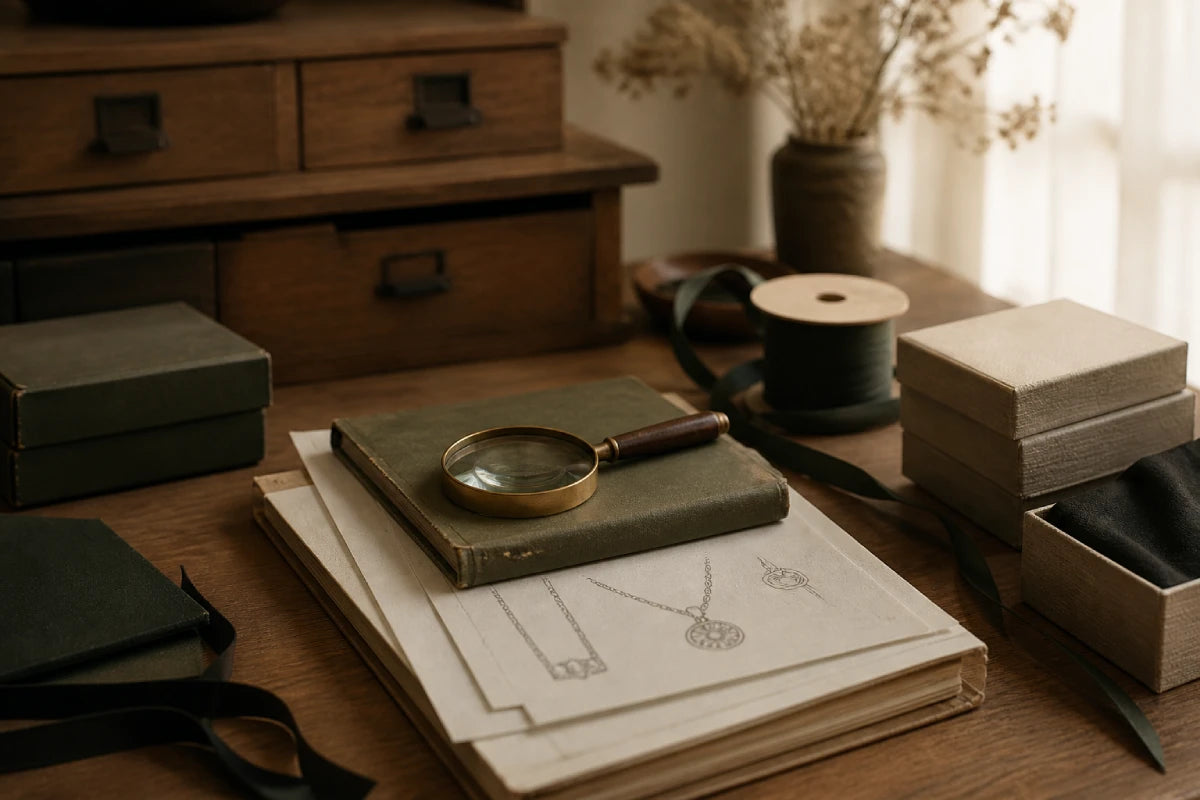 Jewelry design workspace with books, magnifying glass, and jewelry sketches on a wooden table.