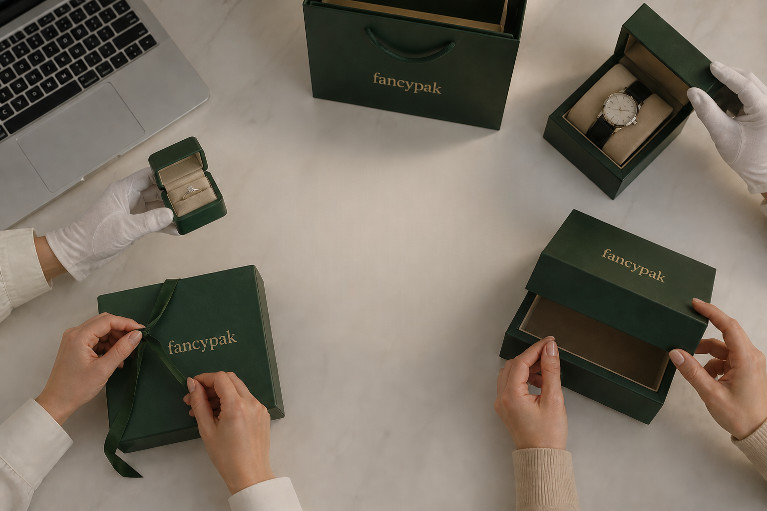 People opening green 'fancypak' boxes on a light surface.