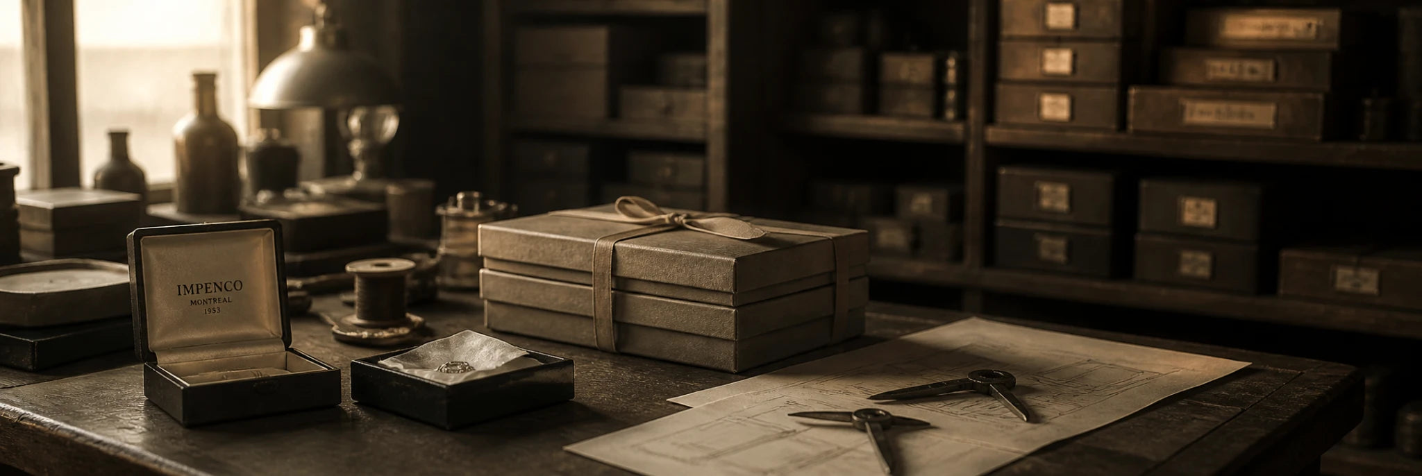 Vintage office desk with books, a lamp, and other items in sepia tone